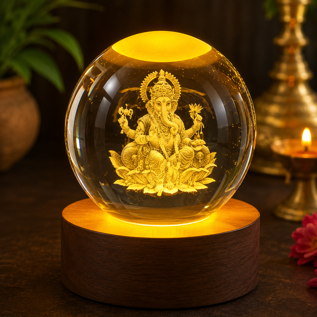 Ganesh ji 3D Crystal Ball Night Lamp