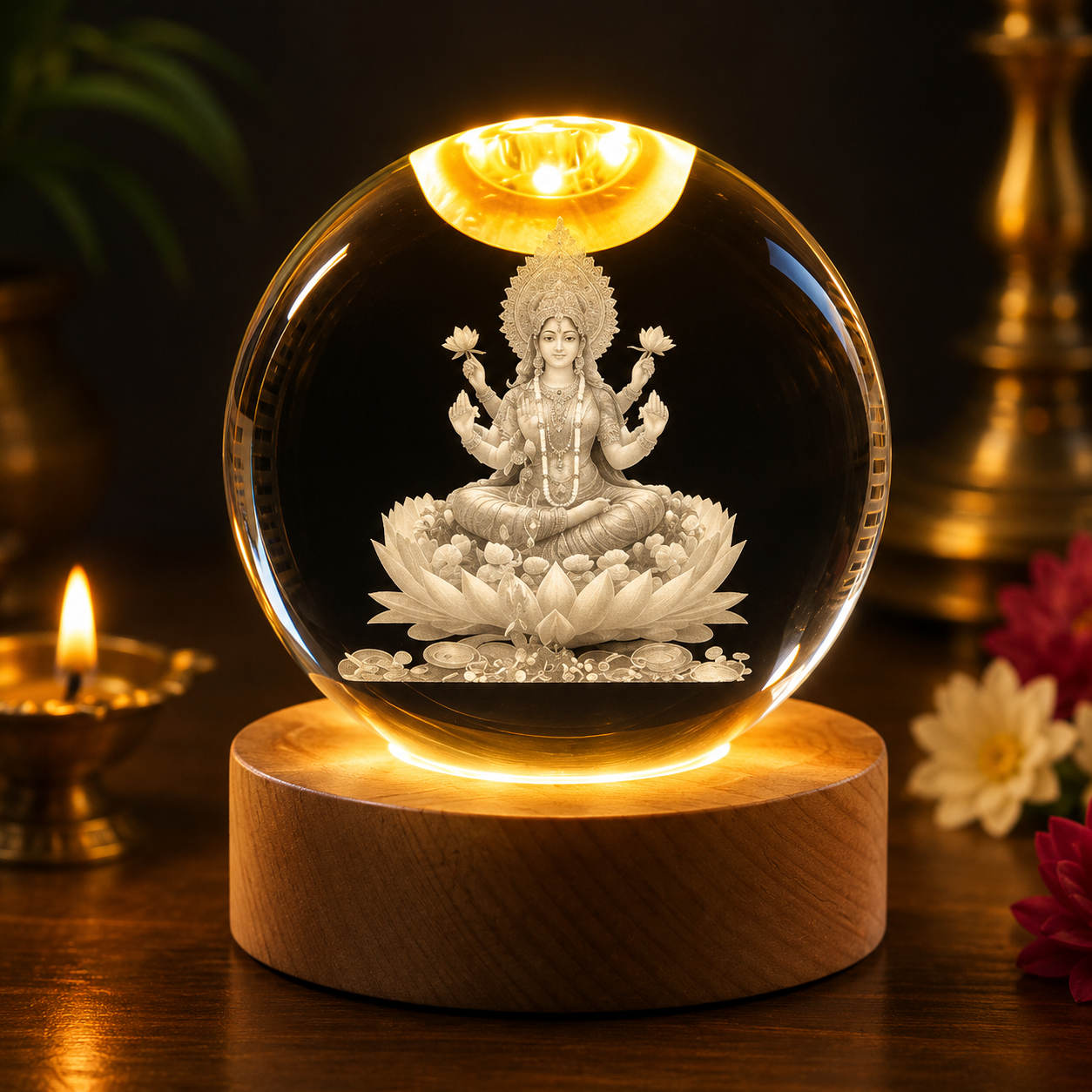 3D Laxmi Ji Crystal Ball Night Lamp with LED Wooden Base