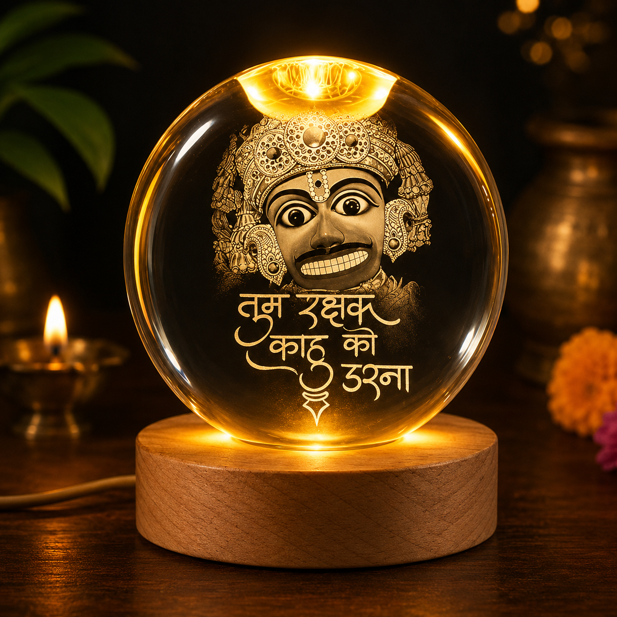 Hanuman Ji 3D Crystal Ball LED Night Lamp with Wooden Base